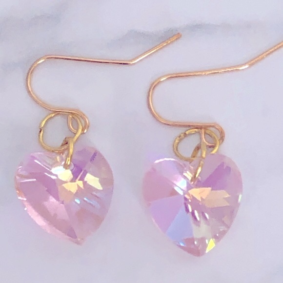New Pastel Pink Sparkling Crystal AB Dangle Drop Heart Earrings Handmade Gifts - Picture 1 of 4
